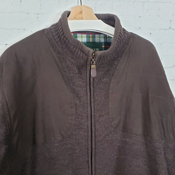 Orvis 100% Wool Bomber Jacket Size L Brown Chest Patches Plaid Lining Full Zip - Picture 3 of 8